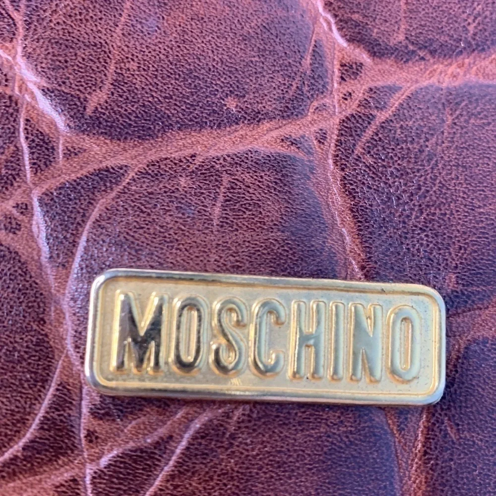 MOSCHINO CROC EMBOSSED LEATHER WITH GOLD TONE BEADS AND LEATHER HYBRID STRAPS